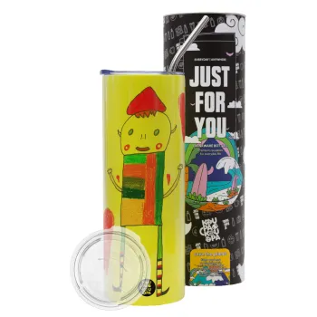 Ο Αλέξανδρος ζωγραφίζει την Αγάπη, Neon Yellow Travel Tumbler θερμό, μεταλλικό καλαμάκι(Ανωξείδωτο 304 Food grade, BPA free, 600ml)