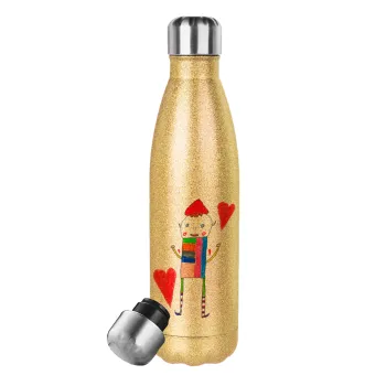 Ο Αλέξανδρος ζωγραφίζει την Αγάπη, Glitter gold stainless steel thermos bottle, double-walled, 500ml