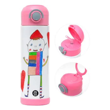 Ο Αλέξανδρος ζωγραφίζει την Αγάπη, Παιδικό παγούρι θερμό, ανοξείδωτο, με καλαμάκι ασφαλείας, ΡΟΖ (500ml)