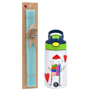 Ο Αλέξανδρος ζωγραφίζει την Αγάπη, Easter Set, Children's thermal stainless steel bottle with safety straw, green/blue (350ml) & aromatic flat Easter candle (30cm) (TURQUOISE)