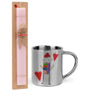 Ο Αλέξανδρος ζωγραφίζει την Αγάπη, Πασχαλινή Λαμπάδα με μεταλλική κούπα θερμό (300ml) & κερί αρωματικό πλακέ (30cm) (ΡΟΖ)