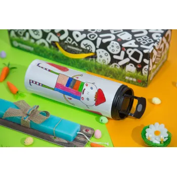 Ο Αλέξανδρος ζωγραφίζει την Αγάπη, Easter candle,Travel Tumbler 2 Lids, with metal straw & cleaning brush & aromatic flat candle (30cm) (BLUE)