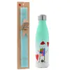 Easter Set, Metallic green/white thermos (Stainless steel), double-walled, 500ml & scented flat Easter candle (30cm) (TURQUOISE)