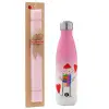 Easter Set, Metallic pink/white (Stainless steel) thermos, double-walled, 500ml & aromatic flat Easter candle (30cm) (PINK)