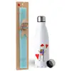 Easter Set, metallic stainless steel water bottle (750ml) & aromatic flat Easter candle (30cm) (TURQUOISE)