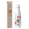 Easter Set, metallic stainless thermos bottle (500ml) & scented flat Easter candle (30cm) (GRAY)
