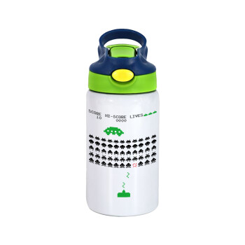 Space invaders, Children's hot water bottle, stainless steel, with safety straw, green, blue (350ml)