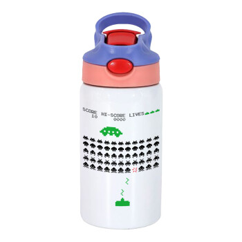 Space invaders, Children's hot water bottle, stainless steel, with safety straw, pink/purple (350ml)