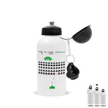 Space invaders, Metal water bottle, White, aluminum 500ml