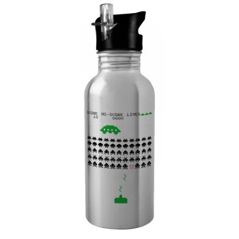 Space invaders, Water bottle Silver with straw, stainless steel 600ml