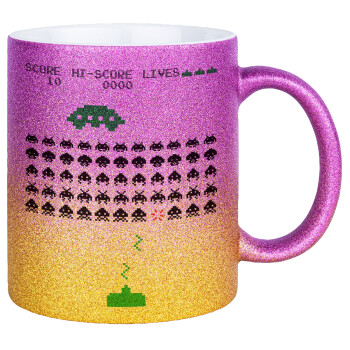 Space invaders, Κούπα Χρυσή/Ροζ Glitter, κεραμική, 330ml