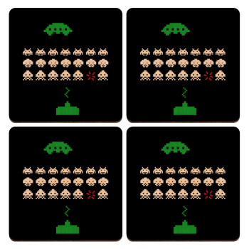 Space invaders, ΣΕΤ x4 Σουβέρ ξύλινα τετράγωνα plywood (9cm)