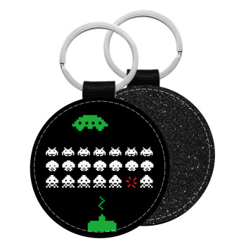 Space invaders, Μπρελόκ Δερματίνη, στρογγυλό ΜΑΥΡΟ (5cm)