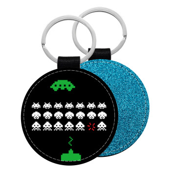 Space invaders, Μπρελόκ Δερματίνη, στρογγυλό ΜΠΛΕ (5cm)