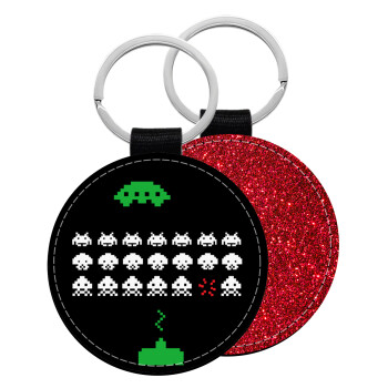 Space invaders, Μπρελόκ Δερματίνη, στρογγυλό ΚΟΚΚΙΝΟ (5cm)