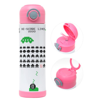 Space invaders, Children's hot water bottle, stainless steel, with safety straw, PINK (500ml)