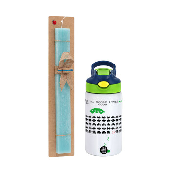 Space invaders, Easter Set, Children's thermal stainless steel bottle with safety straw, green/blue (350ml) & aromatic flat Easter candle (30cm) (TURQUOISE)