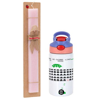 Space invaders, Πασχαλινό Σετ, Παιδικό παγούρι θερμό, ανοξείδωτο, με καλαμάκι ασφαλείας, ροζ/μωβ (350ml) & πασχαλινή λαμπάδα αρωματική πλακέ (30cm) (ΡΟΖ)