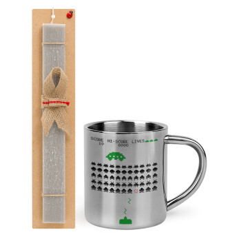 Space invaders, Easter Set, metallic thermal cup (300ml) & Easter aromatic flat candle (30cm) (GRAY)