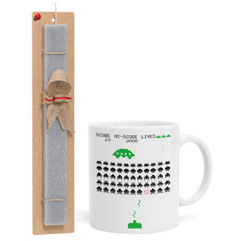 Space invaders, Easter Set, Ceramic Cup (330ml) & Easter aromatic flat candle (30cm) (GRAY)