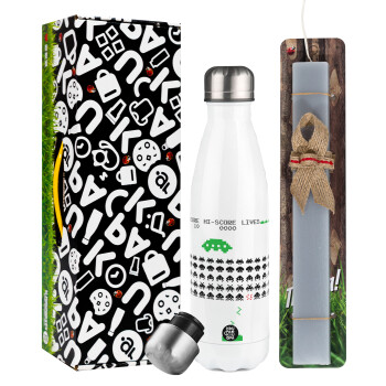 Space invaders, Easter candle, metallic white thermos bottle (500ml) & aromatic flat candle (30cm) (GRAY)
