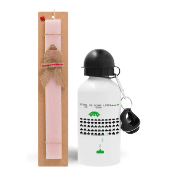 Space invaders, Easter Set, metallic aluminum bottle (500ml) & aromatic flat Easter candle (30cm) (PINK)