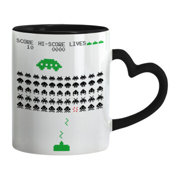 Space invaders, Mug heart black handle, ceramic, 330ml