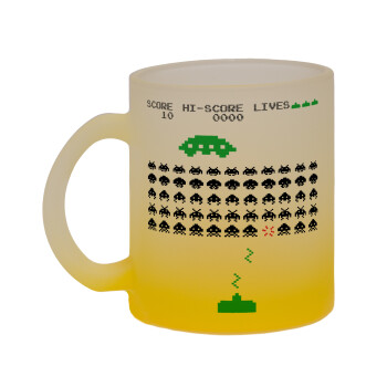 Space invaders, Κούπα γυάλινη δίχρωμη με βάση το κίτρινο ματ, 330ml