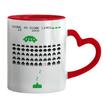 Space invaders, Mug heart red handle, ceramic, 330ml