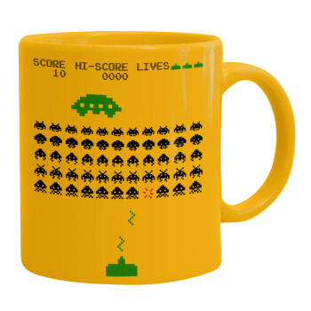 Space invaders, Ceramic coffee mug yellow, 330ml