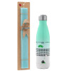 Easter Set, Metallic green/white thermos (Stainless steel), double-walled, 500ml & scented flat Easter candle (30cm) (TURQUOISE)