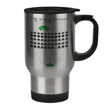 Space invaders, Stainless steel travel mug with lid, double wall 450ml