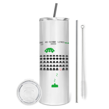 Space invaders, Eco friendly stainless steel tumbler 600ml, with metal straw & cleaning brush
