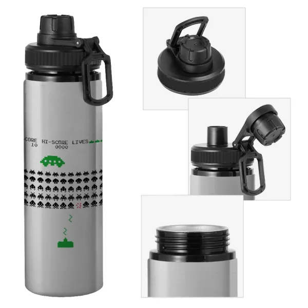Space invaders — Metallic water bottle with safety cap, 850ml aluminum
