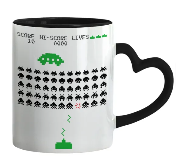 Space invaders — Mug heart black handle, ceramic, 330ml