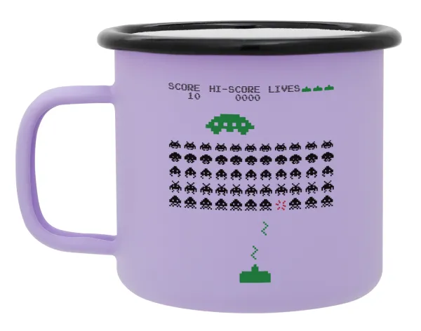 Space invaders — Metal enamel mug, matte light pastel purple, 360ml