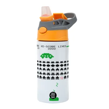 Space invaders, Children's hot water bottle, stainless steel, with safety straw, Orange/Grey (360ml) BPA-FREE