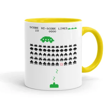 Space invaders, Κούπα χρωματιστή κίτρινη, κεραμική, 330ml
