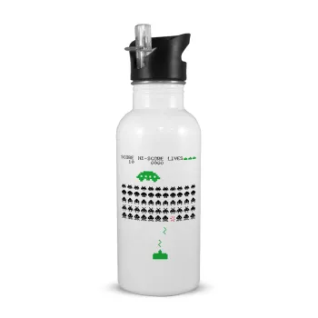 Space invaders, Παγούρι νερού Λευκό με καλαμάκι, ανοξείδωτο ατσάλι 600ml