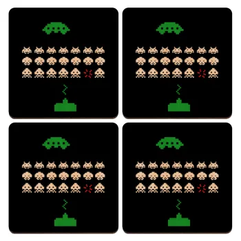 Space invaders, ΣΕΤ x4 Σουβέρ ξύλινα τετράγωνα plywood (9cm)