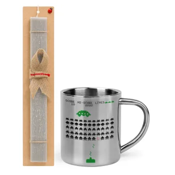 Space invaders, Easter Set, metallic thermal cup (300ml) & Easter aromatic flat candle (30cm) (GRAY)