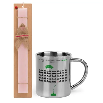Space invaders, Easter Set, metallic thermal cup (300ml) & aromatic flat Easter candle (30cm) (PINK)