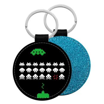 Space invaders, Μπρελόκ Δερματίνη, στρογγυλό ΜΠΛΕ (5cm)