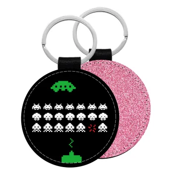Space invaders, Μπρελόκ Δερματίνη, στρογγυλό ΡΟΖ (5cm)