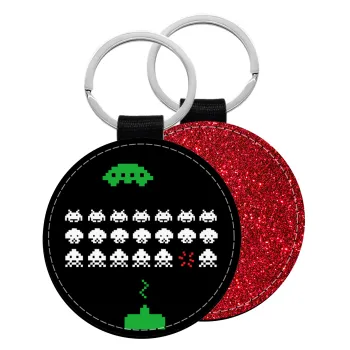 Space invaders, Μπρελόκ Δερματίνη, στρογγυλό ΚΟΚΚΙΝΟ (5cm)