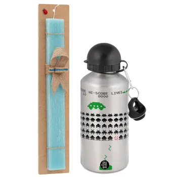 Space invaders, Easter Set, metallic silver aluminum water bottle (500ml) & scented flat Easter candle (30cm) (TURQUOISE)