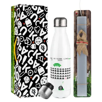 Space invaders, Πασχαλινή Λαμπάδα με μεταλλικό παγούρι θερμός λευκός (500ml) & λαμπάδα αρωματική πλακέ (30cm) (ΓΚΡΙ)