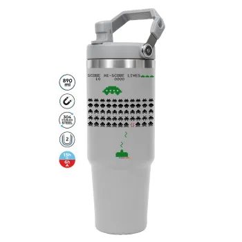 Space invaders, ΓΚΡΙ χρώματος Θερμός Ανοξείδωτο 890ml (30oz) με χερούλι