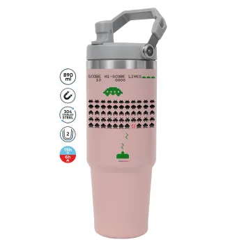 Space invaders, ΡΟΖ χρώματος Θερμός Ανοξείδωτο 890ml (30oz) με χερούλι