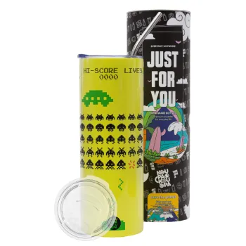 Space invaders, Neon Yellow Travel Tumbler θερμό, μεταλλικό καλαμάκι(Ανωξείδωτο 304 Food grade, BPA free, 600ml)